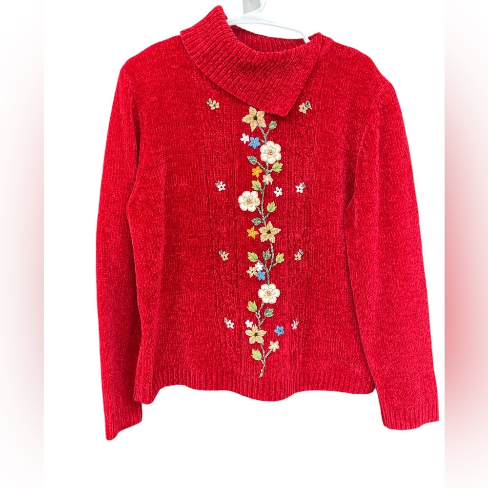 Alfred Dunner Sweater Womens XLP Red Vintage Floral Embroidered Slit Neck